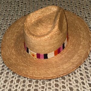 Stylish Tan Straw Hat with Colorful Band